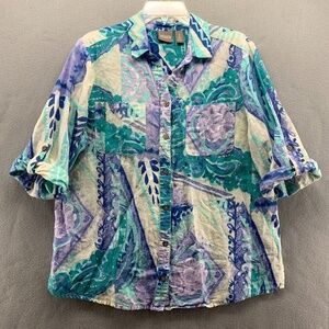Chico's Linen Cotton Artsy Roll Tab Shirt Womens 2 Large Coastal Beach Tropical